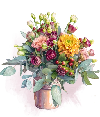Illustration d’une composition de roses et de dahlias dans un pot cuivré